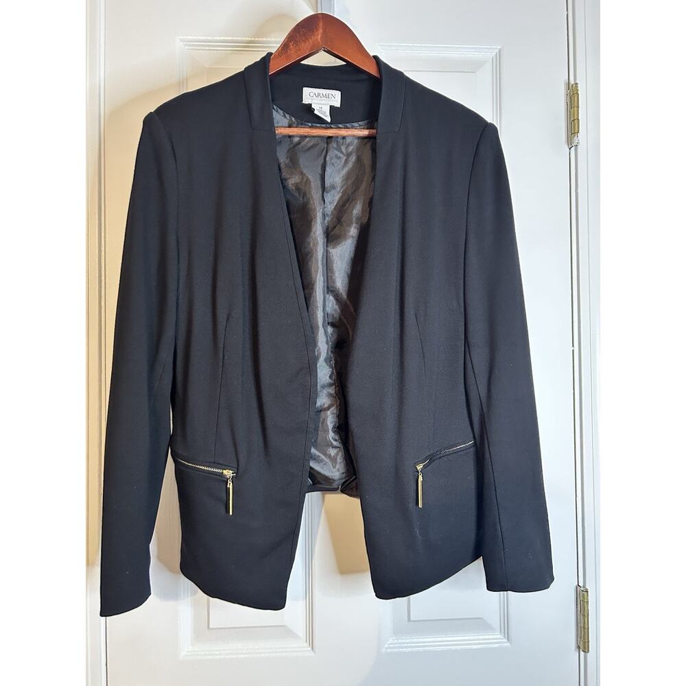 Carmen Marc Valvo Black Open Front Blazer Gold Zip Pockets Size 14 Stretch